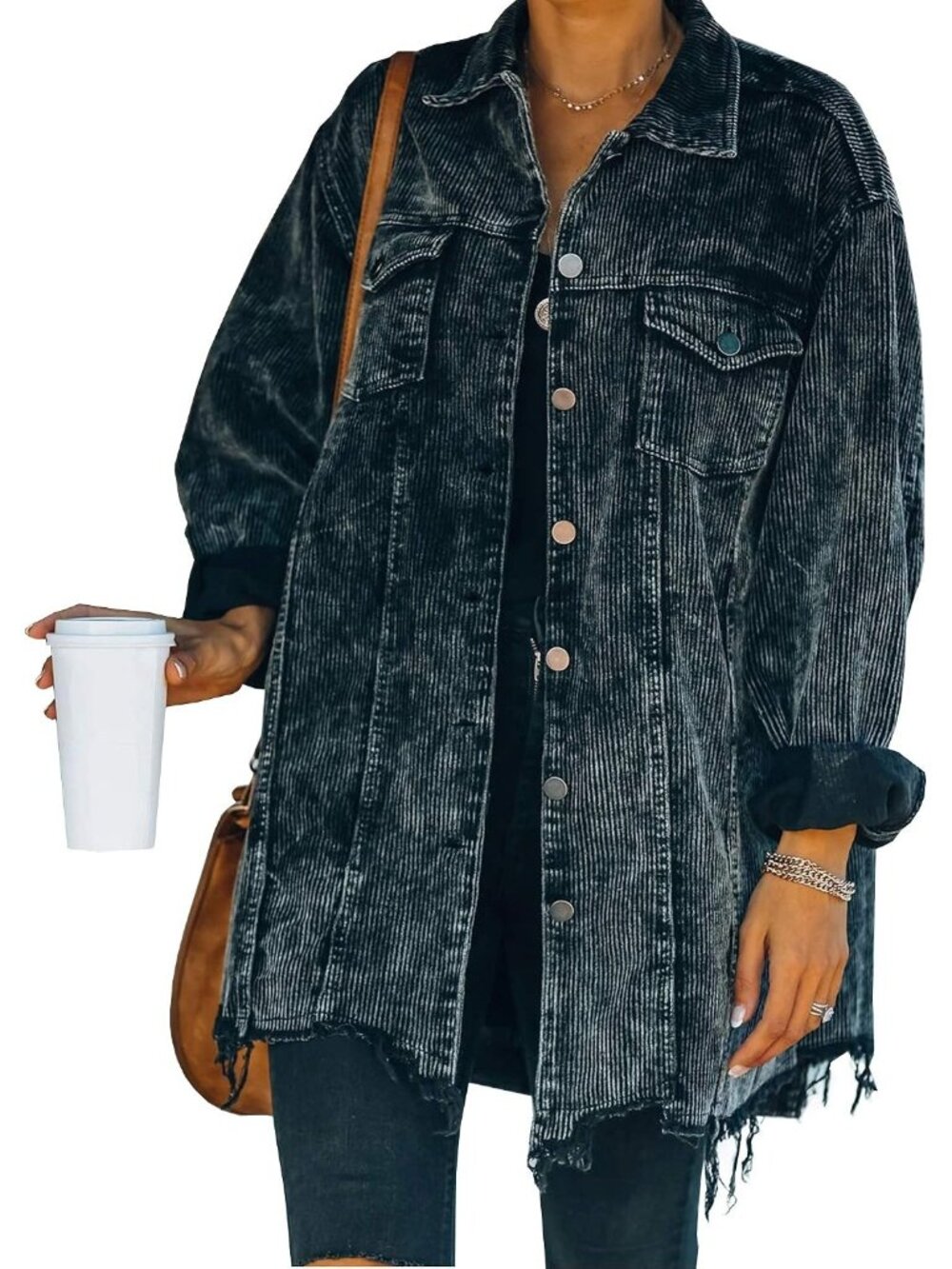 〽️Women's Black Oversized Corduroy Shacket Button Down Shirt Jacket